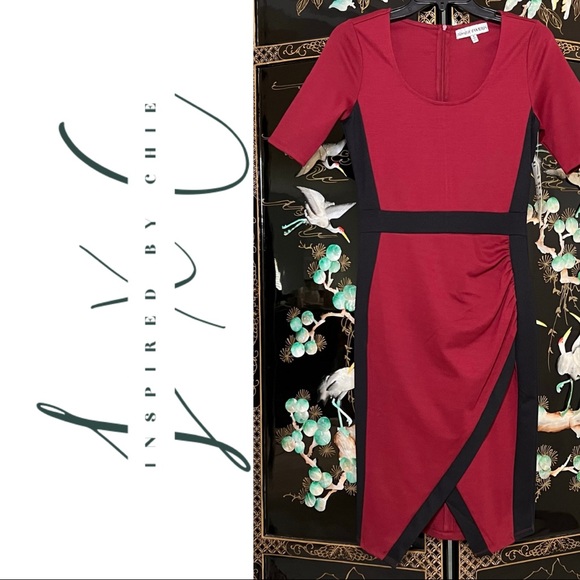 Almost Famous Color-Blocking Ruched Asymmetrical Dress - Picture 1 of 6